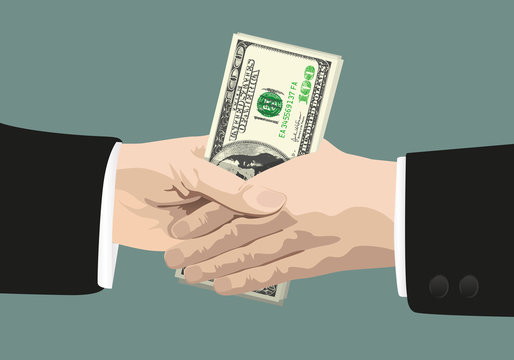 Concept de la corruption dans le milieu des affaires et de la politique avec le symbole d’une poignée de main tenant un billet de banque de 100 dollars.