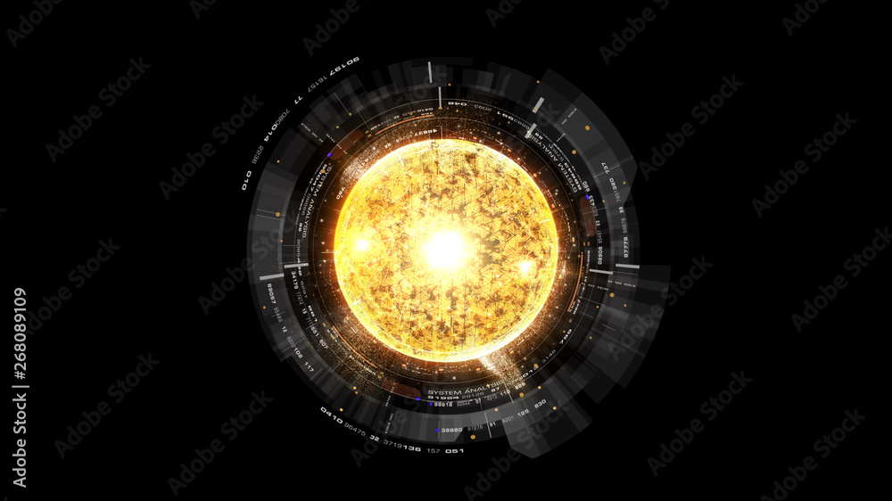 Aufkleber Futuristic graphic user interface head up display screen with digital holographic Nuclear Fusion energy simulator display for digital background