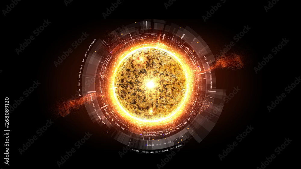 Poster Futuristic graphic user interface head up display screen with digital holographic Nuclear Fusion energy simulator display for digital background