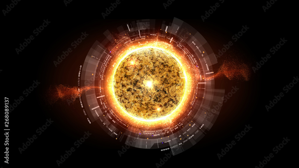 Poster Futuristic graphic user interface head up display screen with digital holographic Nuclear Fusion energy simulator display for digital background