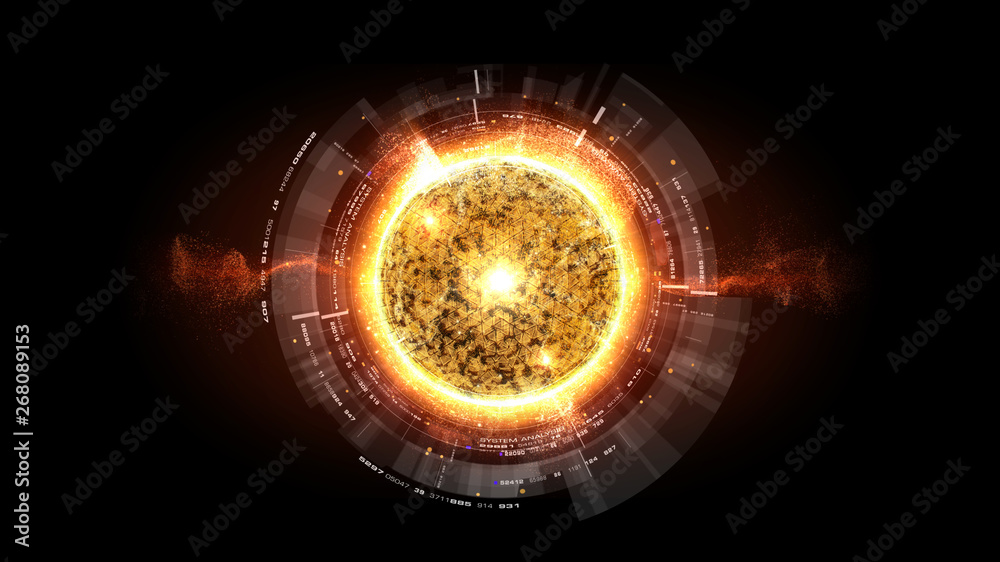 Poster Futuristic graphic user interface head up display screen with digital holographic Nuclear Fusion energy simulator display for digital background
