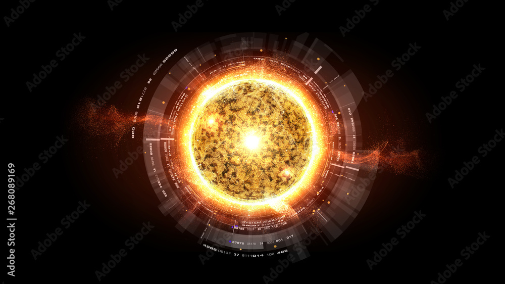Poster Futuristic graphic user interface head up display screen with digital holographic Nuclear Fusion energy simulator display for digital background