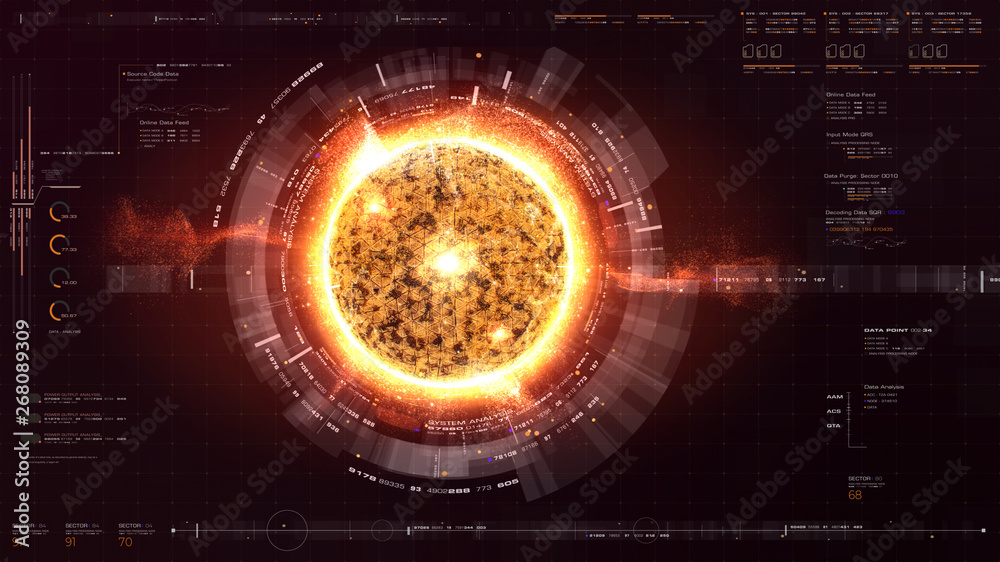 Poster Futuristic graphic user interface head up display screen with digital holographic Nuclear Fusion energy simulator display for digital background