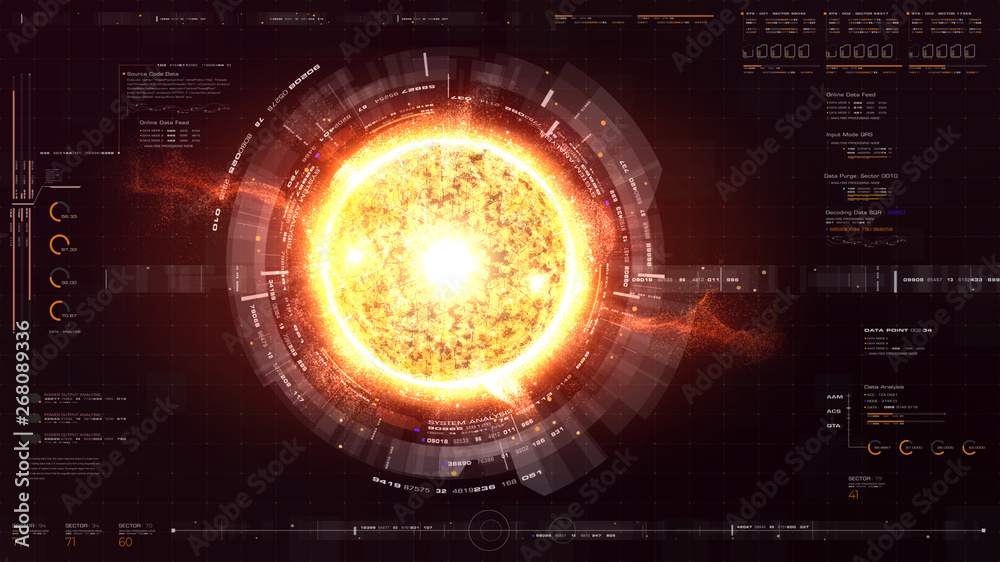 Poster Futuristic graphic user interface head up display screen with digital holographic Nuclear Fusion energy simulator display for digital background