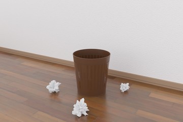 Trash can and crumpled papers in the neat room (diagonal)
