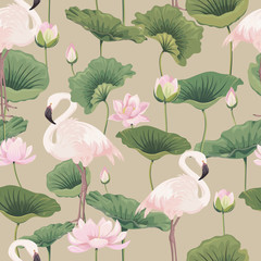 Seamless pattern with lotuses and flamingos