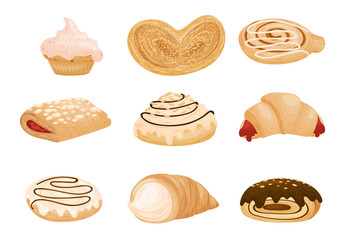 Collection of various buns and cookies. Vector illustration on white background.