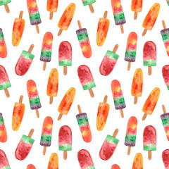 fruit ice cream watercolor seamless pattern on a white background