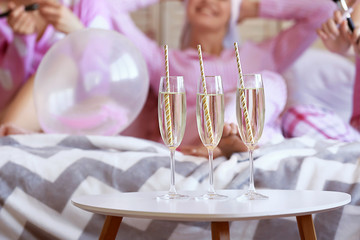 Glasses of champagne on table at hen party