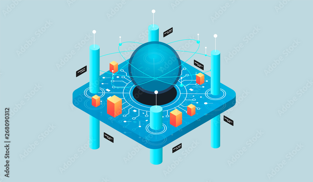 Fototapete Isometric design concept virtual reality and augmented reality. software development and programming. Computation of big data center, quantum computer isometric vector technology