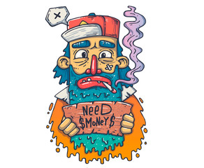 homeless with a sign. Cartoon illustration for print and web. Character in the modern graphic style.