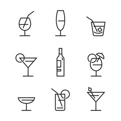 Szklanki z alkoholem i innymi drinkami. Zestaw ikon wektor - obrazy, fototapety, plakaty