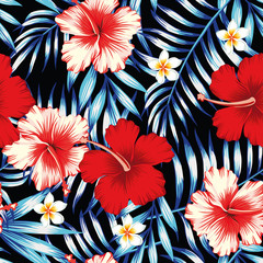 hibiscus red and palm leaves blue seamless background