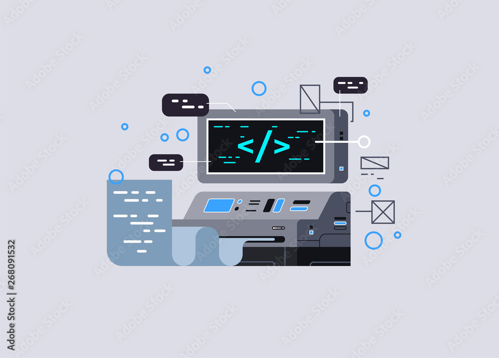 Poster quantum computer. software development and programming. vector illustration for websites
