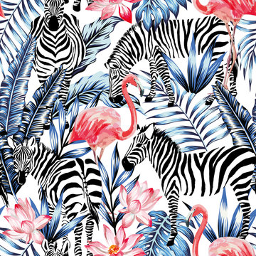 pink watercolor flamingo, zebra and blue palm leaves tropical seamless background