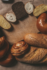 Food concept. Different type breads. Top view. Free space for text