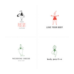 Body positive concept. Happy attractive overweight women. Set of colored vector hand drawn icons with text.