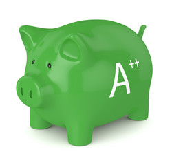 3d render of piggy bank with A++  energy efficiency class