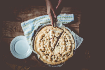House woman cutting just baked cheesecake. Hand cutting freshly baked cake with cottage cheese.