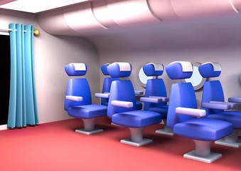 Cartoony airplane interior with empty seats