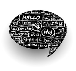 Hello speech bubble word cloud in many different languages.