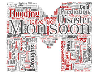 Vector conceptual monsoon dangerous weather letter font M red meteorology word cloud isolated background. Collage of tropical dramatic storm force, strong wind blowing, rain hail thunderstorm concept
