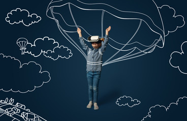 Painted dream about flying with the parashute above the city. Little girl or child with virtual reality headset glasses. Concept of cutting edge technology, video games, innovation, childhood, dreams.