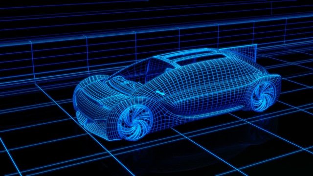 Wireframe rendering of Autonomous electric car driving on highway. Digital Twin concept.  3D rendering animation.