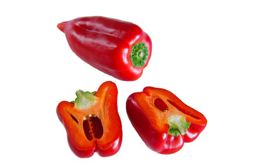 Pepper bulgarian red bell one whole two half slices isolated