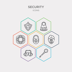 simple set of mace, ski goggles, padlock protection active, padlock unlocked icons, contains such as icons life saver, big lock, question mark in a shield and more. 64x64 pixel perfect. infographics
