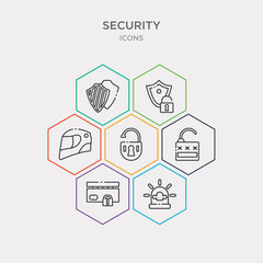 simple set of emergency light, locked card, open access, padlock close icons, contains such as icons boxing helmet, transparent, protector and more. 64x64 pixel perfect. infographics vector