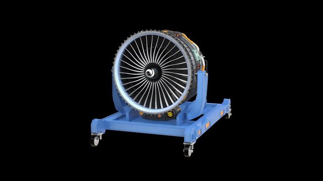 Wireframe Rendering Of Turbojet Engine On Black Background. Digital Twin Concept. 3D Rendering Animation.