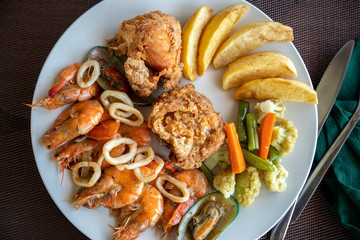 Seafood, Fried chicken with french fries
