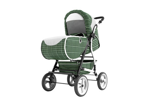 Modern walking metallic baby stroller green cage with white inserts with pocket holder below 3d render on white background no shadow