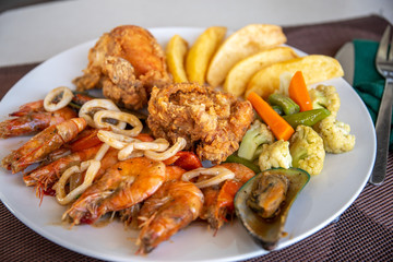 Seafood, Fried chicken with french fries