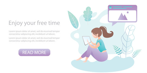 Girl with tablet pc in hand sitting in nature, park or beach on background,