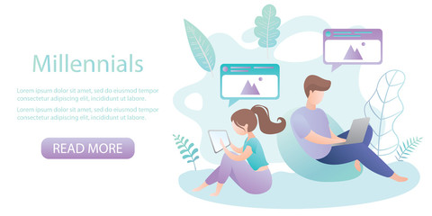 Two young people sitting with gadgets,smartphone generation or millennials