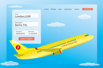 Landing page for search and book travel ticket.web banner template.Yellow airline in sky