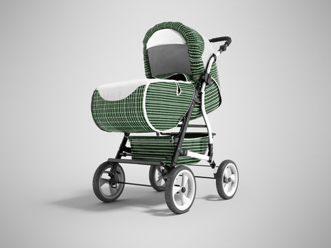 Modern walking metallic baby stroller green cage with white inserts with pocket holder below 3d render on gray background with shadow