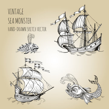 Old caravel, vintage sailboat. Hand drawn vector sketch.