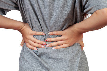 Woman feeling back pain, massaging tense muscles,Aches and pains