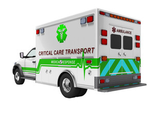 Modern concept of ambulance with green 3d render inserts on white background no shadow