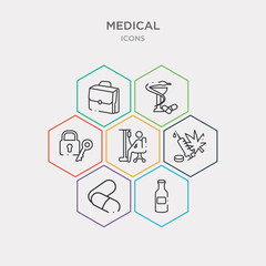 simple set of japanese medicine bottle, remedy, illegal, chair with wheels icons, contains such as icons lock and key, pharmacy cross, medic suitcase and more. 64x64 pixel perfect. infographics