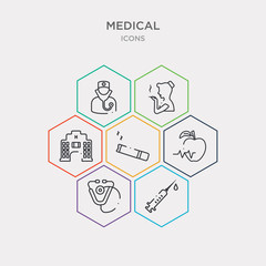 simple set of syringe with measure marks, medical stethoscope, healthy, cigarette with smoke icons, contains such as icons hospital building, smoker, doctor with stethoscope and more. 64x64 pixel