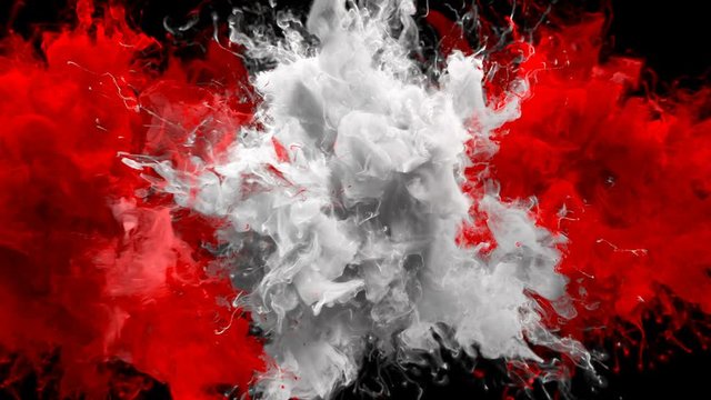 Red, White Color Burst - Multiple colorful smoke powder explosion fluid ink particles slow motion alpha matte isolated on black