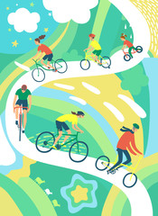 Cyclists  on decorative colorful background