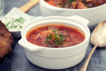 traditional russuan soup borsch in white bowl