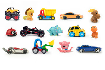 Set of children's toys on a white background