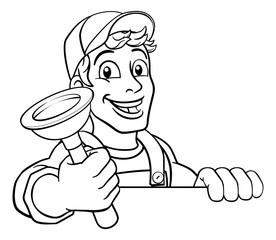 Plumber or handyman cartoon mascot holding a plumbing drain or toilet plunger. Peeking over a sign