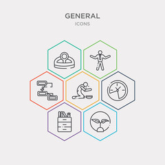 simple set of go  badge, office cabinet, rewind time, poor icons, contains such as icons steps, man with open arms, head mirror and more. 64x64 pixel perfect. infographics vector